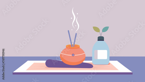  An essential oil diffuser is p next to a persons yoga mat emphasizing the use of aromatherapy in enhancing the healing properties of a yoga