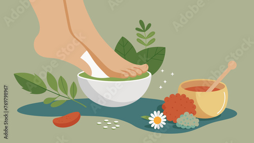  A macro shot of a persons foot with a medicinal herb poultice applied to it demonstrating the use of both herbal and physical ods in