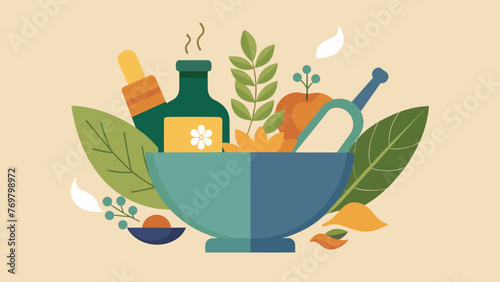  A closeup of a bowl of Ayurvedic herbs and es highlighting the importance of this medicinal approach in conjunction with yoga practices.