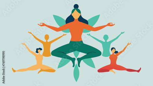 A group of people hold a variety of yoga poses forming a beautiful and balanced human sculpture.