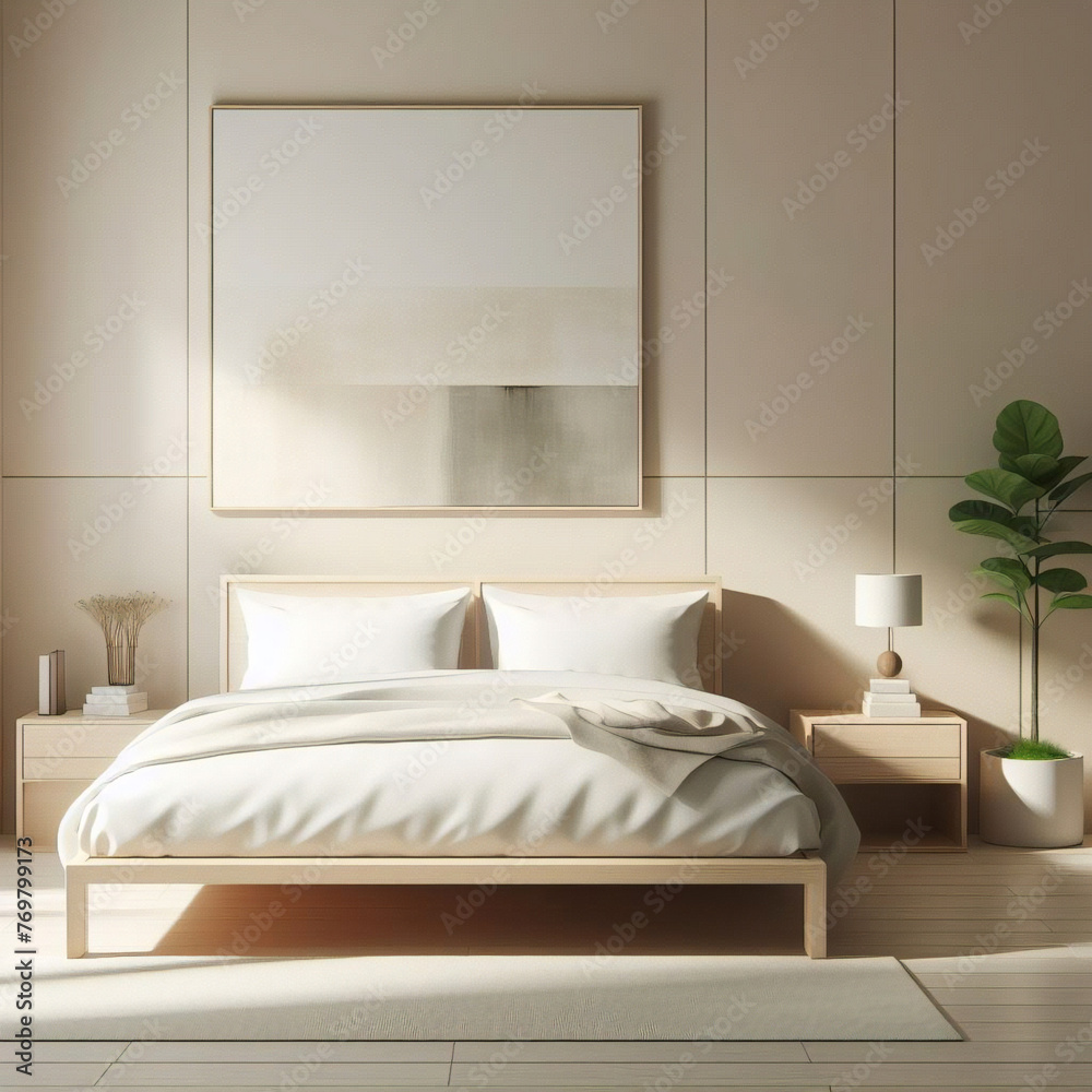 Pared marrón beige en blanco en un dormitorio moderno y lujoso a la luz del sol desde las persianas, cama de madera, manta gris, almohada, mesita de noche en el suelo de parquet para decoración. Pared marrón beige en blanco en un dormitorio moderno y lujoso a la luz del sol desde las persianas, cama de madera, manta gris, almohada, mesita de noche en el suelo de parquet para decoración.