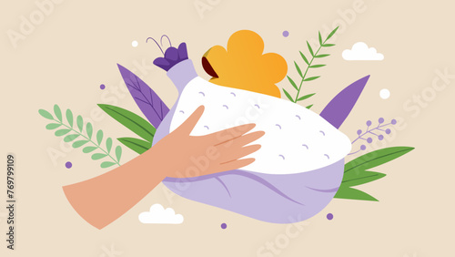  A hand holding a hot compress made from a bundle of steamed chamomile lavender and rosemary. The caption reads soothing herbal compress for