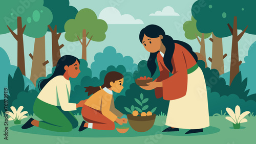  A mother and her children are seen gathering medicinal plants in the forest as they learn the ancient healing techniques passed down from their photo