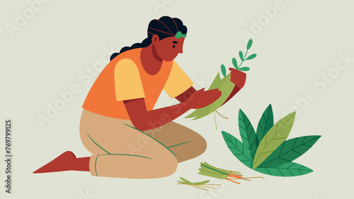  Delicate hands of an indigenous man carefully weave together leaves and grass to create a healing poultice known for its effectiveness in