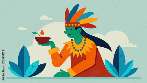  A traditional healer adorned in feathers and beads carefully brews a tea made from various roots and leaves to treat a sick member of the