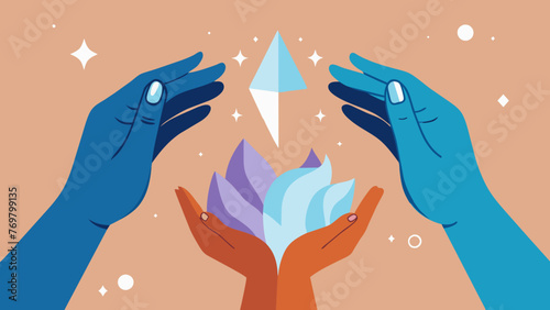  A pair of hands gently placing a crystal on a persons forehead a key part of Ayurvedic crystal healing to restore balance and harmony.