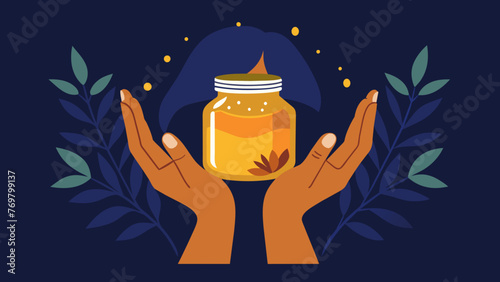  A womans delicate hands holding a jar of golden honey which is commonly used in Ayurvedic medicine for its balancing and healing properties.