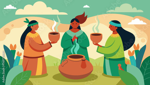  Pots of steaming herbal tea are being distributed a members of the tribe as they gather for a sacred ceremony involving traditional medicine