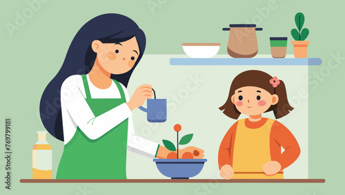  A young girl carefully measures out ingredients for an herbal tea overseen by her mother who is teaching her the importance of precise