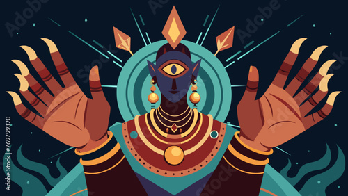  A detailed view of the shamans hands fingers slightly curled as they manipulate the energy around them during the dance.