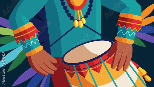  A zoomedin shot of colorful cords and feathers adorning the shamans wrists ankles and neck as they move to the rhythm of the drums.