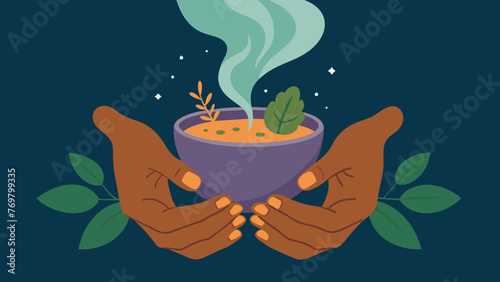  A detailed view of the shamans hands cupping a bowl of healing herbs their fingers hovering over the steam rising from the mixture.