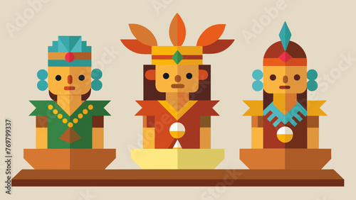  A set of intricately carved wooden figurines representing different deities and spirits believed to aid in traditional healing. Each figure is