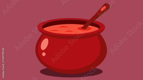  A deep red clay pot filled with a dark thick liquid with a wooden ladle resting against its rim. The pot has been passed down through