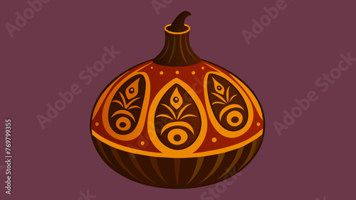  A large calabash gourd with intricate patterns etched into its surface used to hold and drink herbal teas. The inside of the gourd is stained
