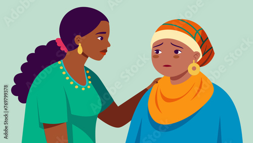  With a concerned expression the healer listens intently to an older womans complaints her hand resting gently on the womans shoulder. The