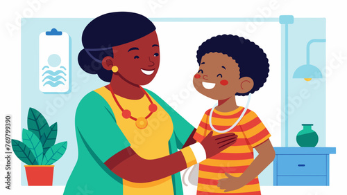  A young boy with a bandaged hand smiles as he receives a gentle hug from his caregiver a woman with a stethoscope around her neck. The bright