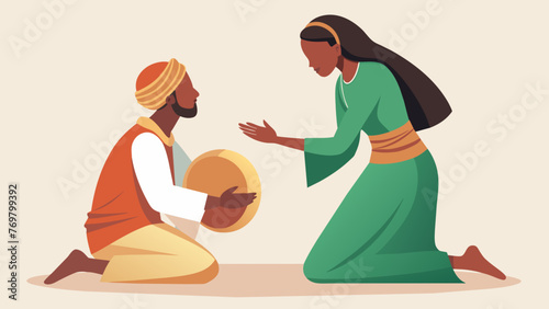  A woman kneels at the feet of a healer her hands pressed together in prayer as she seeks his guidance. The healer holds a traditional African