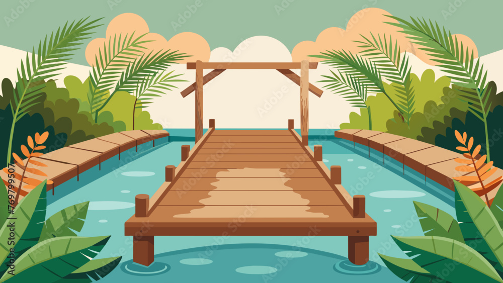  A rustic wooden bridge stretching over the pool adorned with potted plants and soft feathery ferns inviting guests to take a leisurely stroll - obrazy, fototapety, plakaty 