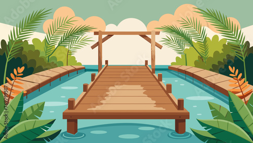  A rustic wooden bridge stretching over the pool adorned with potted plants and soft feathery ferns inviting guests to take a leisurely stroll photo