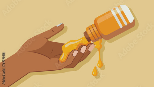  A hand holding a small bottle of honey ready to add a sful to the bath for its moisturizing and soothing properties. The thick golden liquid