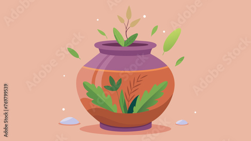  A clay urn with a smooth matte finish filled with a healing water infused with herbs and es from a secret garden known for its holistic healing