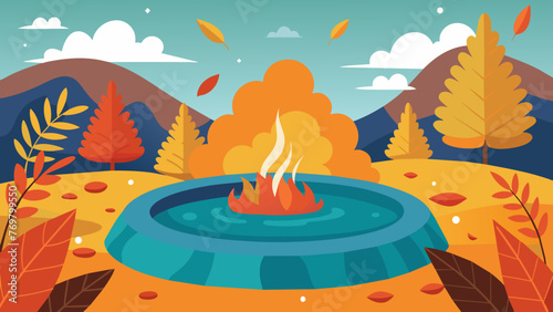  The hot spring is surrounded by a blanket of fallen leaves giving a sense of autumnal coziness. Steam rises from the water blending with the