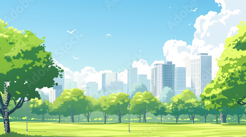 Cidade com prédios e árvores verdes - Ilustração