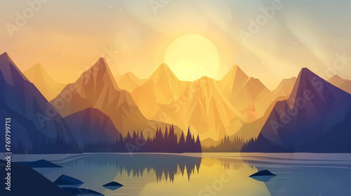 Paisagem de montanha sol e lago - Ilustração