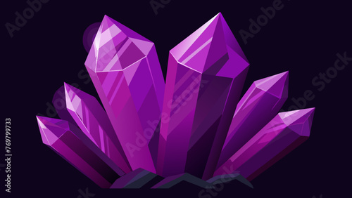  A closeup shot of a of ayst crystals with their deep purple hues shining brightly against a dark background. Each crystal has unique shapes and