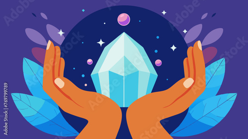  A persons hands cupping a large crystal as they close their eyes in meditation channeling its healing energies.