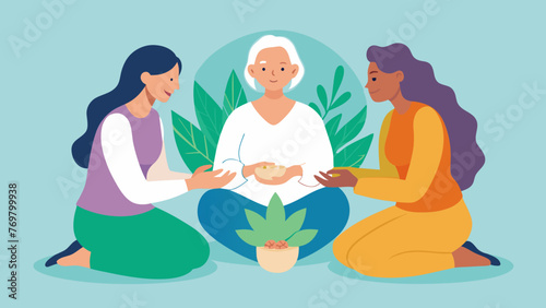  Three generations of women sit in a circle each holding a small pouch filled with various herbs and medicines as they discuss their healing