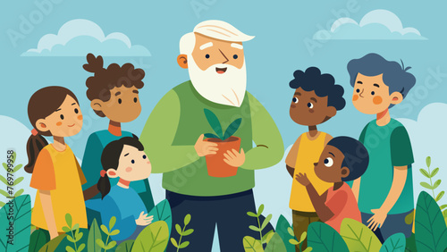  A group of children gather around an elder man as he shows them how to identify different plants and their medicinal uses in the wild.