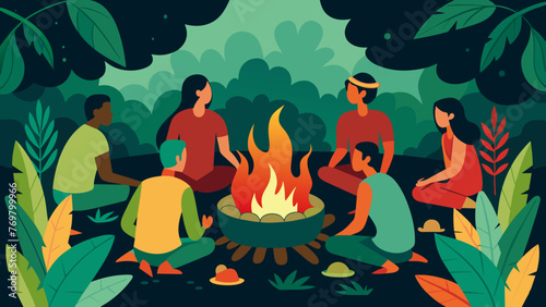  Smoke rises from a small fire pit framed by a backdrop of dense jungle. In front of the fire a group of indigenous men and women sit sorting