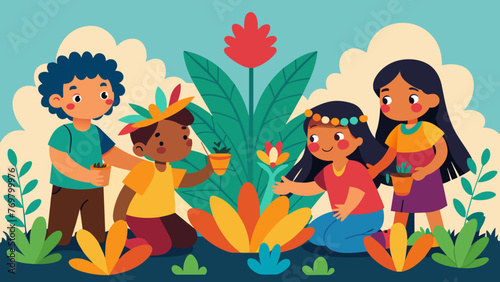  A group of indigenous children play amidst a colorful collection of plants and flowers. In the midst of their play they pause eagerly examining