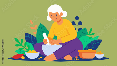  An elderly woman sits crosslegged on the ground surrounded by a colorful array of dried herbs and plants. With a mortar and pestle in hand she