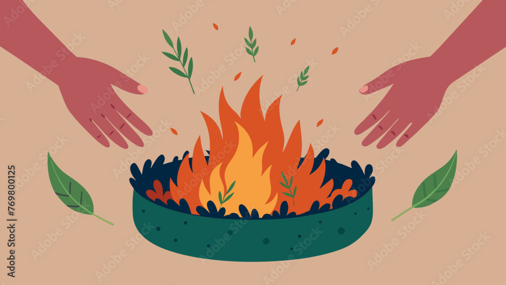  Closeup of hands placing herbs and flowers into a fire pit during a traditional burn ceremony representing the release of negative energy and - obrazy, fototapety, plakaty 