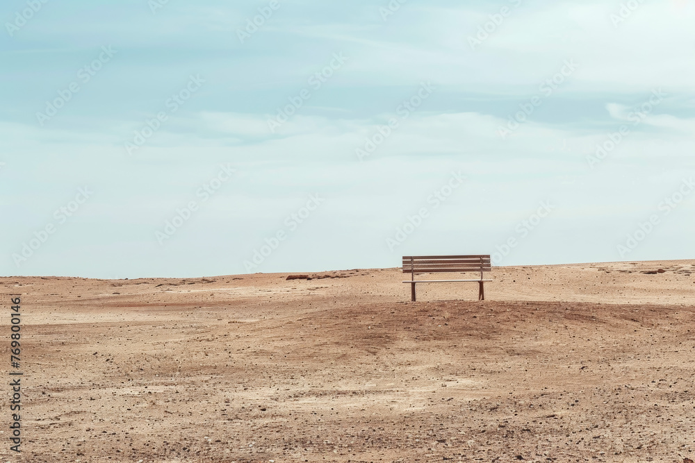 Solitary bench in desert landscape with distant mountains