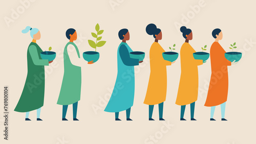  A line of people holding bowls of water and herbs waiting to participate in a traditional cleansing ritual led by a respected elder in the