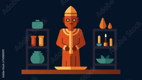  A handcarved wooden figurine in the shape of a traditional healer stands tall on a shelf surrounded by various other objects of spiritual