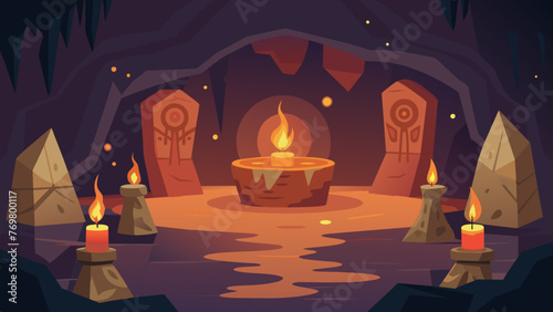  A mystical cave with ancient drawings and carvings lining the walls believed to hold special healing powers. The flickering light from small