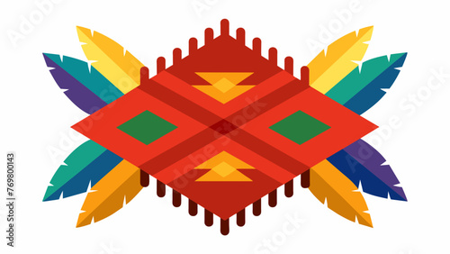  A collection of colorful feathers carefully arranged in a geometric pattern adorn a woven blanket. These feathers are often used in indigenous