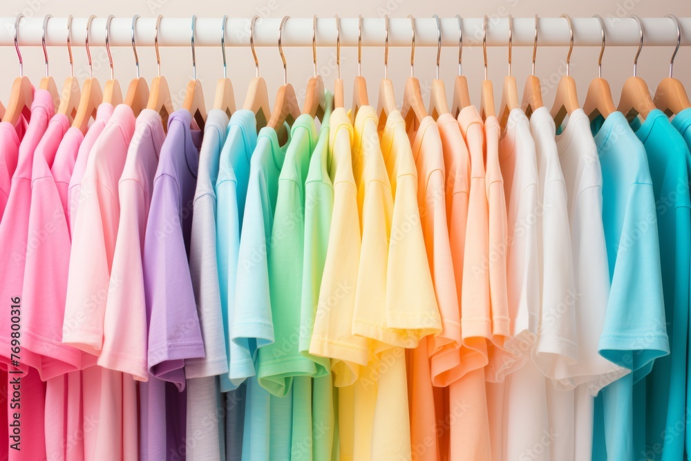 Colorful t-shirts on hangers against beige background, fresh and stylish fashion concept