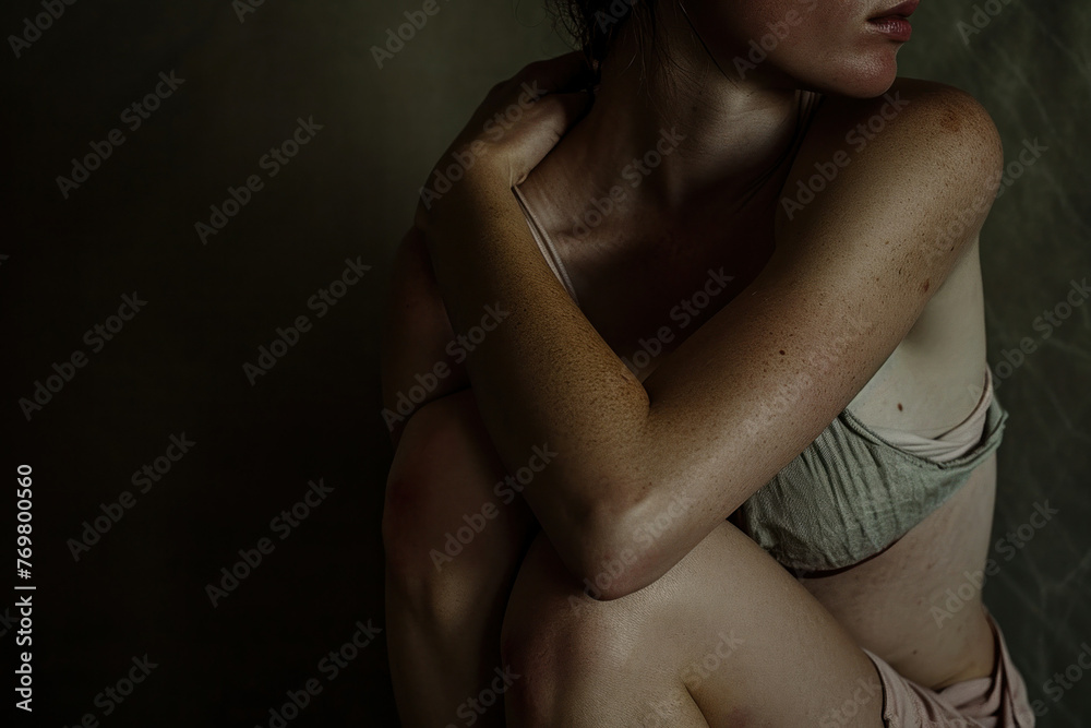 Young woman in a bikini sitting on the floor with her back to the camera and hands on her knees Young woman in a bikini sitting on the floor with her back to the camera and hands on her knees