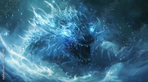 A formidable ice dragon exhales a freezing gale, its spiky silhouette cutting through the dark, frosty waters of the deep sea.