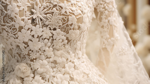 A detailed shot of intricate lacework on a bridal gown, highlighting the artistry of wedding fashion. photo