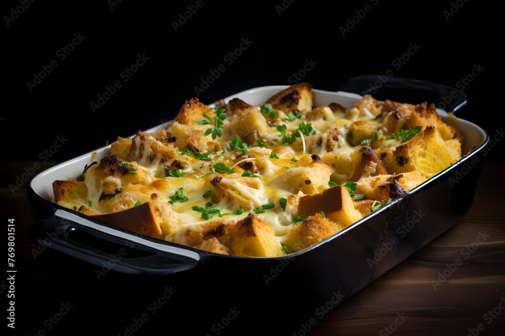 Cheese Strata, Cheesy and savory casserole made with bread, eggs, and cheese Cheese Strata, Cheesy and savory casserole made with bread, eggs, and cheese