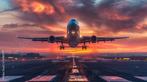 Portrait of a big airliner with its landing gear down and setting off at dusk from an airfield runway and space for advertise, Generative AI.