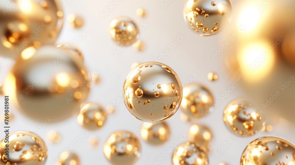 Golden spheres on white background. Abstract illustration, flying golden balls, metallic gold beads, round and shiny objects, wallpaper, pearls, metal balls. Generated by artificial intelligence.