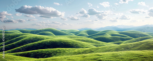 Smooth green hills with clear sky. Landscape view of wide meadow in rural area. Generative AI © Wida